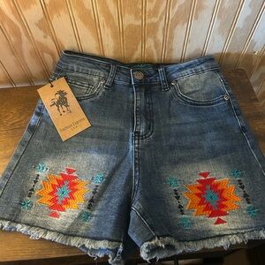 Embroidered Denim Shorts with Aztec Design